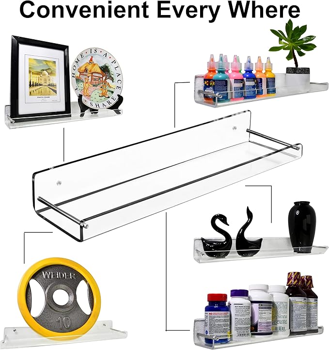 AMT 3 Pack Acrylic Floating Shelves, 15" L x 3.25" W, Clear Bathroom Wall Shelf, Bookshelves, Invisible Display for Office, Bedroom, Small Gap Allows Water to Escape, Free Screws & Drill Bit (Medium)