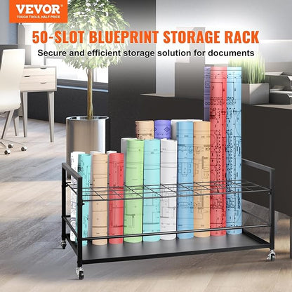 VEVOR Blueprint Storage Rack, 50 Slots Blueprint Holder with Wheels, Mobile Metal Blueprint Storage Cart for Construction Plan Map Poster Architectural, Roll File Holder for Home, Office, School