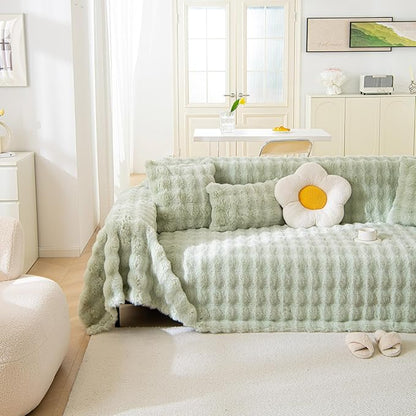 VM VOUGEMARKET Thick Faux Rabbit Fur Couch Cover 1-Piece Non-Slip Warm Soft Cozy Sofa Covers,Fluffy Plush Sofa Slipcover Furniture Protector for Kids,Pets(Green,71" x 118")