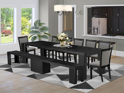 X07MZ-B06-50 - 9-Pc Dining Table Set a Rectangular Dining Table and a wooden Bench and 7 Dark Gotham Grey Linen Fabric Kitchen Chair, 39x120 Inch, Wire Brushed Black