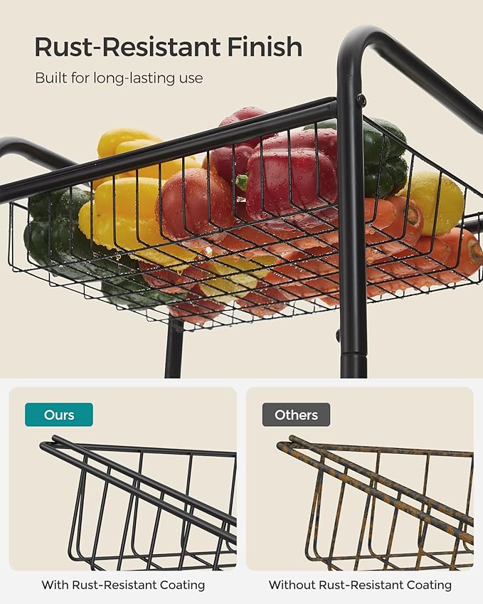SONGMICS 3-Tier Metal Rolling Cart on Wheels with Baskets, Lockable Utility Trolley with Handles for Kitchen Bathroom Closet, Storage with Removable Shelves, Black UBSC03BK