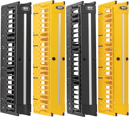 Tripp Lite Vertical Cable Manager, High-Capacity Deep Double Finger Duct, Front-Facing Cover, Four 3.5ft Tall Sections, 6 in Wide x 11.4 in Depth, 2 Black + 2 Yellow, 5-Year Warranty (SRCABLEVRT6HD2F)