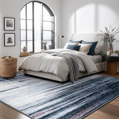 Rugflix 8x10 Large Area Rug for Living Room, Washable Low Pile Carpet Non Slip, Soft Stain Resistant Blue Grey Indoor Rug for Bedroom, Dining Room, Home Office