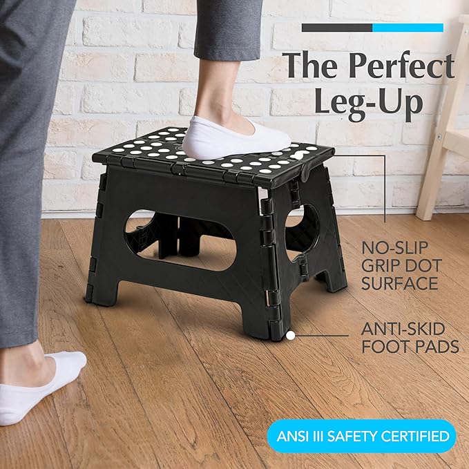 Handy Laundry Folding Lightweight Step Stool - Sturdy Enough to Support Adults and Safe Enough for Kids - Opens Easy with One Flip - Great for Kitchen, Bathroom or Bedroom (Black | 2-Pack)
