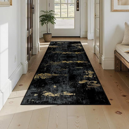 Washable Area Rugs 3x8 Non-Slip Modern Abstract Soft for Living Room Entryway Bedroom Nursery, Print Pattern, Dark Black Gold