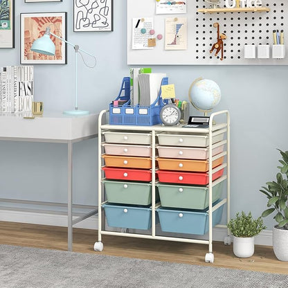 COSTWAY 12-Drawer Rolling Storage Cart, Moveable Art Craft Organizer W/Lockable Wheels, Metal Shelf, Files Arrangement Tools Makeup Storage Cart for Office, Home, School, Macaron