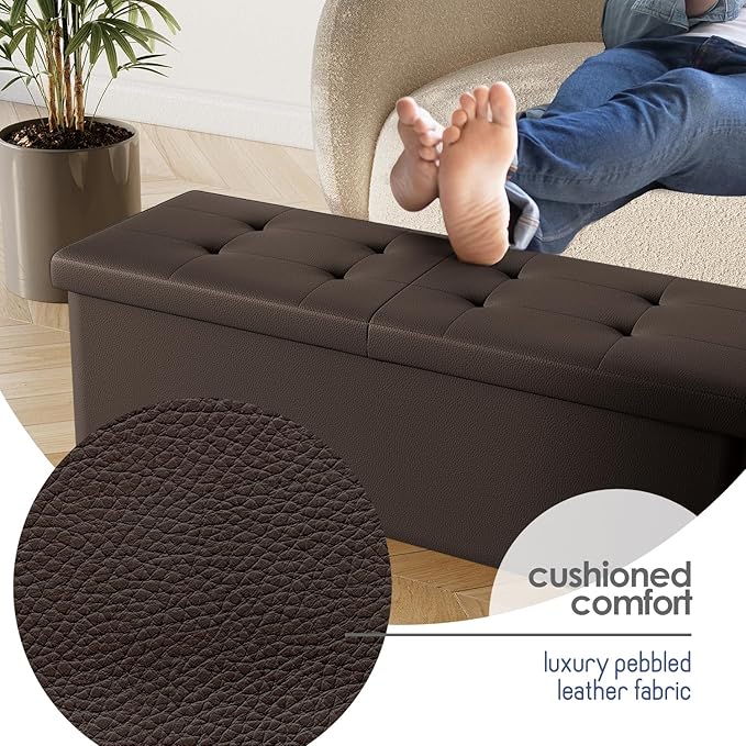 STORAGEBUD Storage Ottoman Bench with Bins, 43-in Storage Bench for Bedroom End of Bed, Folding Foot Rest Ottoman for Living Room Max 660lbs, Faux Leather Ottomans, Brown