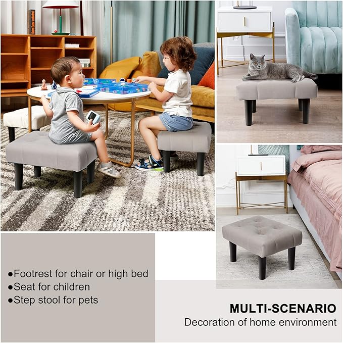 HOUCHICS Small Footstool Ottoman, Velvet Wooden Foot Stool Ottoman with Wood Legs, Sofa Footrest Extra Seating for Living Room Entryway Office(Grey 1PACK)
