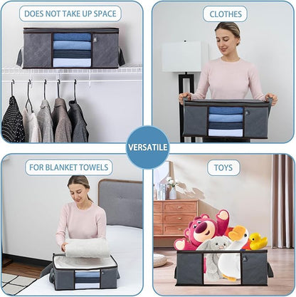 VENO 3 Pack Medium Clothes Storage Bag Organizer with Reinforced Handle, Thick Container Bins for Blankets, Comforters, Bedding, Foldable with Sturdy Zipper, Clear Window, Grey, Reusable (9.5 Gallon)