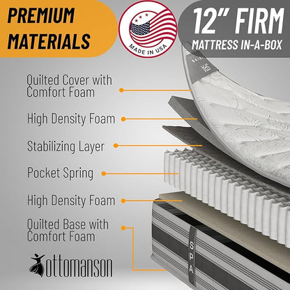 Ottomanson Twin 12" Hybrid Mattress - Meditation Antistatic Quilted Cover - Made in USA - Firm Support - Individually Pocketed Coils & CertiPUR-US Foam - Fiberglass-Free - Bed in a Box