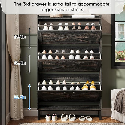 Maupvit Shoe Storage Cabinet with 3 Flip Drawers, Freestanding Organizer with Metal Legs for Entryway, Narrow Shoe Rack Cabinet, Dark Rustic Oak