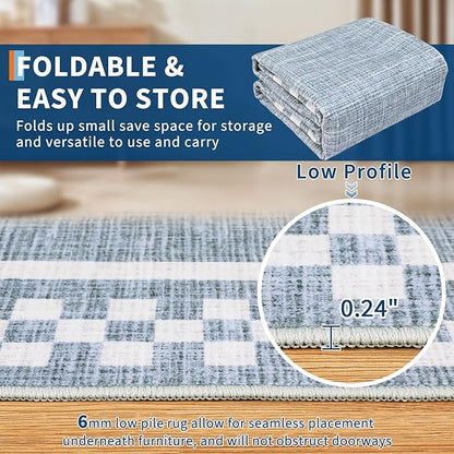 Rug Runners for Hallways 2x8 Washable Kitchen Runner Rug Non Slip Low Pile Bedside Throw Carpet Modern Bordered Bathroom Runners Checkered Area Rug for Living Room Bedroom Entryway Nursery, Blue