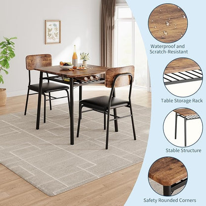 IDEALHOUSE 3-Piece Dining Table Set for 2 with Storage Rack, Wood Kitchen Table with Upholstered Chairs Set of 2, Small Square Table Set with Metal Legs Support, for Dining Room,Living Room