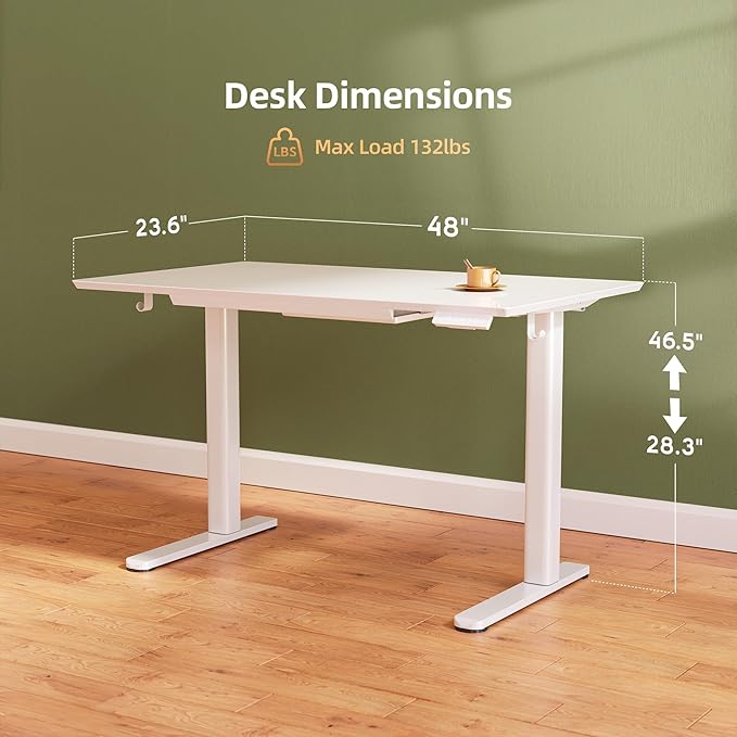 INNOVAR Glass Standing Desk with Drawers, 48×24 Inch Adjustable Stand Up Desk Quick Install Home Office Computer Desk, White