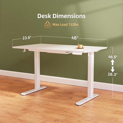 INNOVAR Glass Standing Desk with Drawers, 48×24 Inch Adjustable Stand Up Desk Quick Install Home Office Computer Desk, White