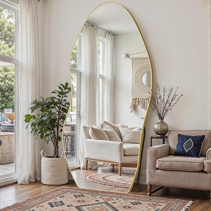 Antok Full Length Mirror, 76"x36" Floor Mirror with Stand, Standing Hanging Leaning Irregular Mirrors for Bedroom Living Room Entryway, Wavy Shaped, Golden