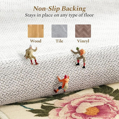 Rugflix Scalloped Floral Rug for Entryway, 2x3 Washable Non-Slip Kitchen Area Rugs, Small Low Pile Indoor Door Mat, Soft Entrance Carpet for Bathroom Bedroom, Cream Beige