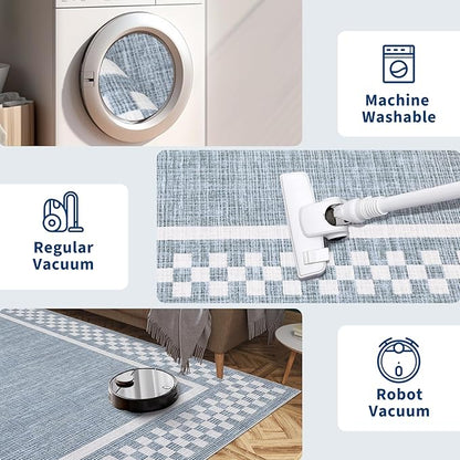 Rug Runners for Hallways 2x8 Washable Kitchen Runner Rug Non Slip Low Pile Bedside Throw Carpet Modern Bordered Bathroom Runners Checkered Area Rug for Living Room Bedroom Entryway Nursery, Blue