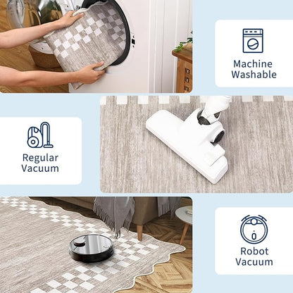 GarveeHome Washable Rug 5x7 for Living Room Large Bedroom Scalloped Rug Non Slip Stain Resistant Modern Border Throw Carpet Soft Boho Rug for Dining Room Nursery Home Office, Fog