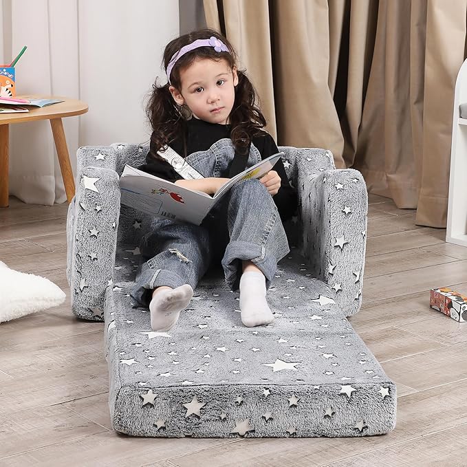 Star Glow in The Dark Toddler Couch, 2-in-1 Toddler Soft Couch Fold Out with Star Pillow, Convertible Sofa to Lounger for Girls and Boys, 1-Seat