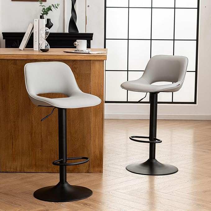 YOUNIKE Bar Stools Set of 2 Modern Swivel Barstools, Adjustable Counter Height Bar Stools Faux Leather Upholstered Counter Stools with Hollow Back for Kitchen Island, Grey