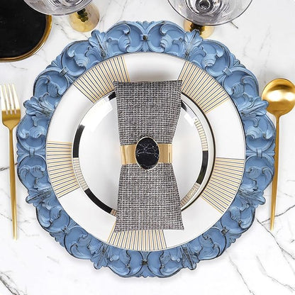 13" Antique Blue Charger Plates, Set of 6 Plastic Textured Chargers for Dinner Plates with Embossed Rim, Table Décor, Party, Wedding, Holiday
