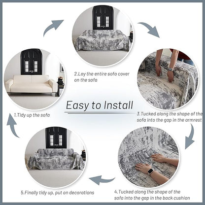 MYSKY HOME Boho Couch Cover for Dogs Washable Deep Grey Abstract Couch Sofa Protector for Loveseat Sofa Pets Friendly Chenille Geometric Sofa Covers Soft Durable Farmhouse Sofa Slipcovers, 71" X102"