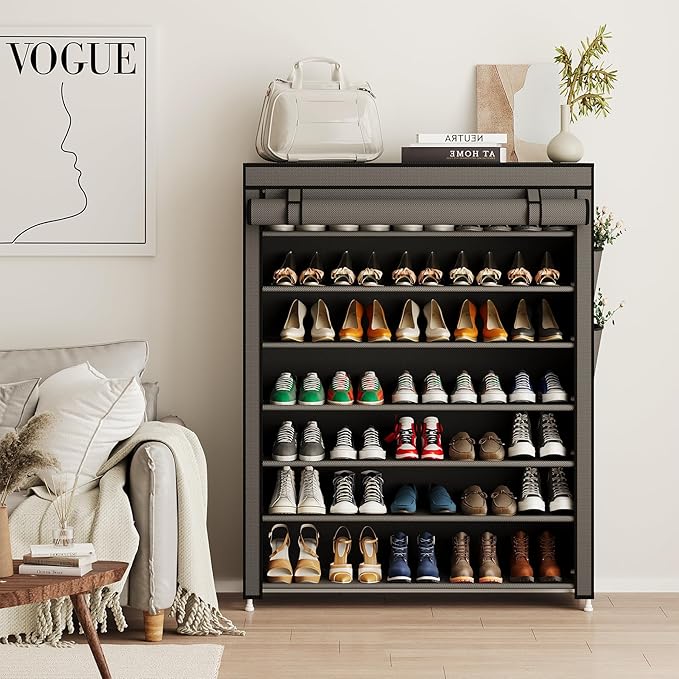 Calmootey 7 Tier Shoe Rack Organizer to Hold 35 Pairs, Portable Shoe Shelf with Nonwoven Fabric Cover for Closet Hallway, Bedroom, Entryway, Grey