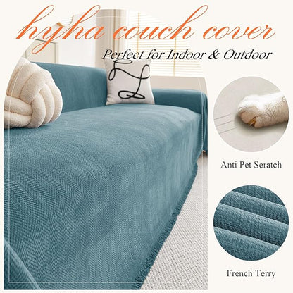 hyha Couch Cover for Dogs, Boho Sofa Covers for 3 Cushion Couch Washable, Chenille Sofa Slipcover for Pets, Soft Loveseat Sectional Couch Throw Blankets with Tassels (Blue, 71x150 Inch)