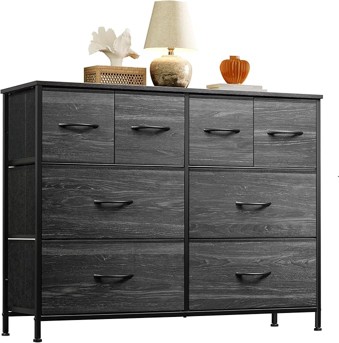 WLIVE Dresser for Bedroom with 8 Drawers, Wide Fabric Dresser for Storage and Organization, Bedroom Dressers, Chest of Drawers for Living Room, Closet, Hallway, Charcoal Black Wood Grain Print