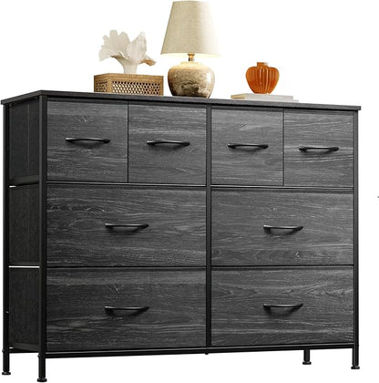 WLIVE Dresser for Bedroom with 8 Drawers, Wide Fabric Dresser for Storage and Organization, Bedroom Dressers, Chest of Drawers for Living Room, Closet, Hallway, Charcoal Black Wood Grain Print