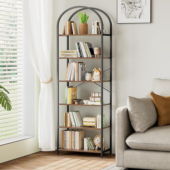 Homhedy 6-Tier Bookshelf Arched Display Racks, Wood and Metal Bookcase, Tall Bookshelf, Industrial Display Standing Shelf Unit, for Home Office, Living Room, Bedroom, Bathroom, Rustic Brown