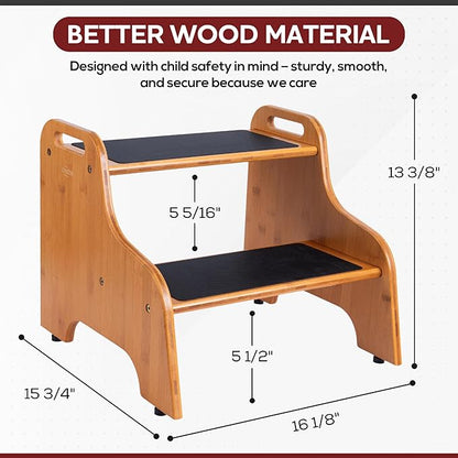 2-Step Wooden Step Stool for Adults & Kids – Non-Slip Bed, Bathroom, Kitchen, and Closet Use – Heavy-Duty Portable Step with Handles – 400 lb Capacity