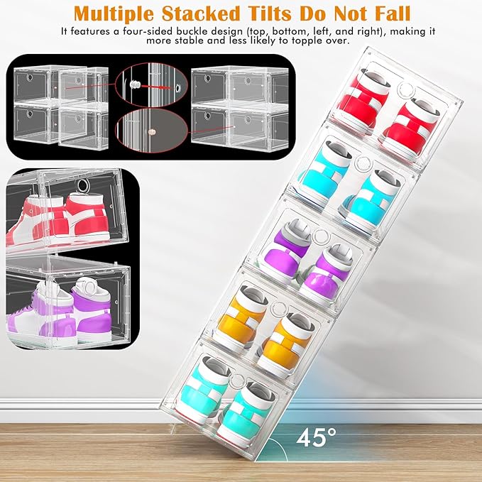 12 Pack Upgrade Harder Shoe Organizer, Shoe Storage with Magnetic Front Door, Clear Shoe Boxes Foldable Space-Saving Shoe Rack for Sneaker Boot Container, White
