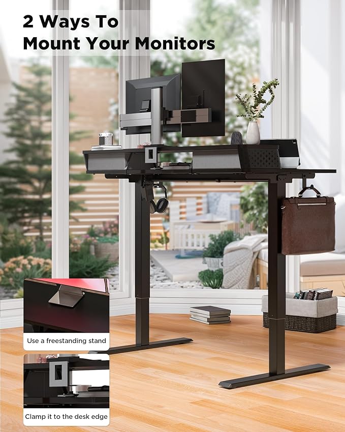 48x24 Inch Standing Desk with Double Drawers, C-Clamp Mount Compatible, Electric Adjustable Height Computer Stand Up Desks, Home Office Sit Stand Table with 3 Preset Heights & 2 Hooks, Black