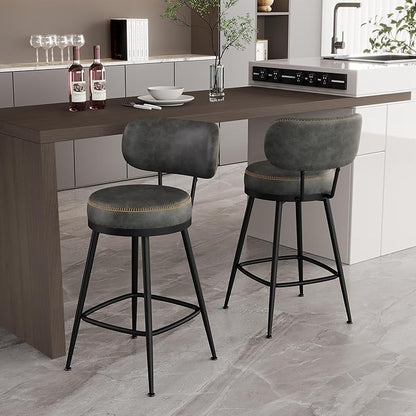 Counter Height Bar Stools, 26" H Swivel Barstools Set of 6, Faux Leather Kitchen Counter Stools with Back and Stylish Stitching, Metal Frame, Pub, Home Bar, Black Grey