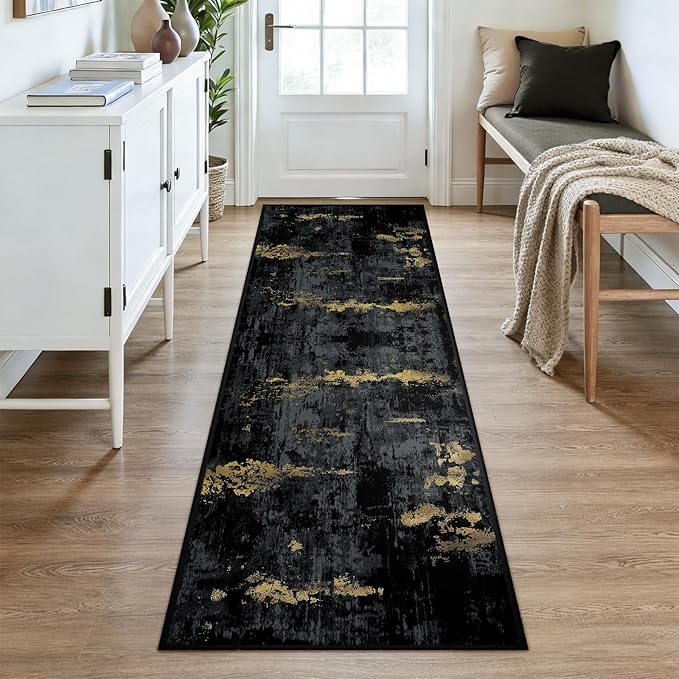 Washable Area Rugs 3x8 Non-Slip Modern Abstract Soft for Living Room Entryway Bedroom Nursery, Print Pattern, Dark Black Gold