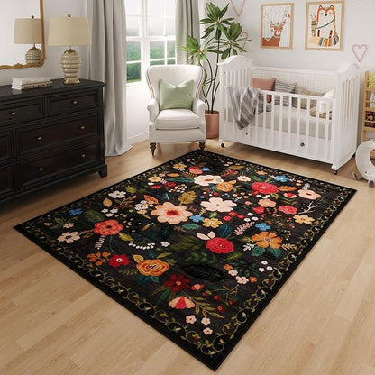 Rugcomf Bedroom Rug 3x5 Rug Washable Area Rug Non Slip Low Pile Boho Floral Small Carpet for Bedroom, Bedside, Kitchen, Entryway, Kids Room, Office, College Dorm Essentials for Girls(Black)