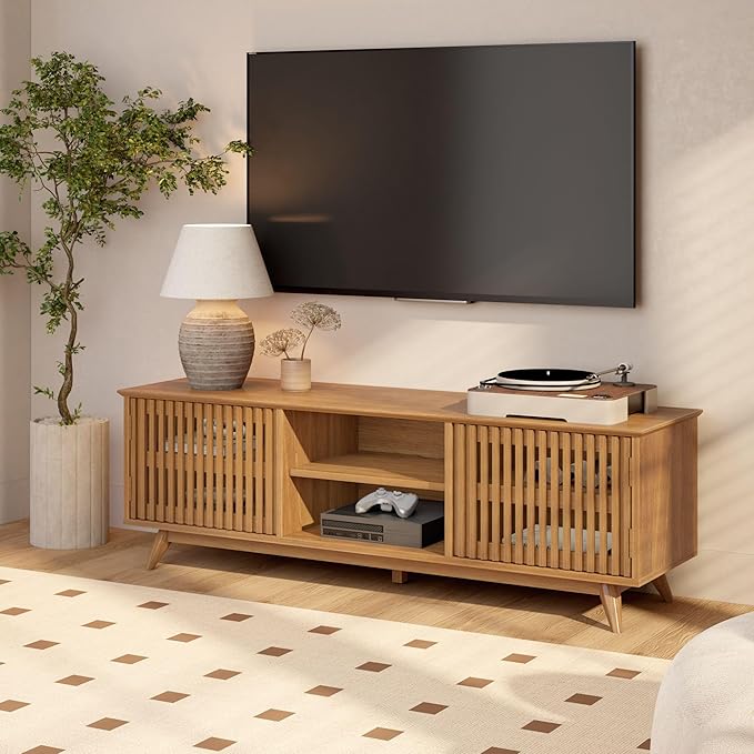Plank+Beam Mid-Century Modern Wood TV Stand, Solid Wood Entertainment Console with Storage, 59" L x 16" W x 19" H, Pecan