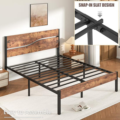 VECELO Full Size Bed Frame with Wood Headboard and Footboard, 14 Inch Platform/No Box Spring Needed, Heavy Duty Support, Easy Assembly