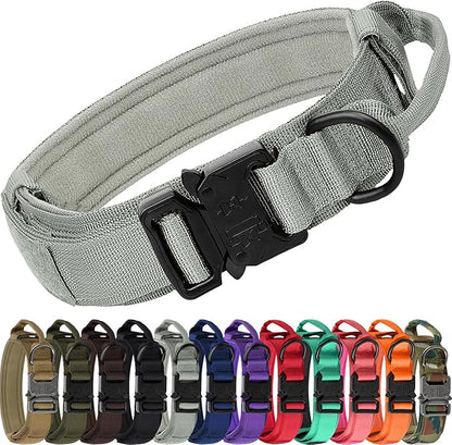 Joytale Tactical Dog Collar with Handle, Adjustable Heavy Duty Military Collar with 2 Patches for Training, Suitable for Medium Dogs, Gray, M
