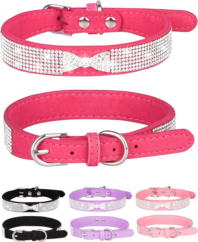 Dog Collar for Small Dogs, Adjustable Leather Suede Bling Dog Collars，Pink Dog Collar Cat Collar, Rhinestone Dog Collar (M, Rose red4)