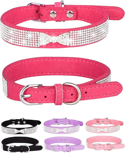 Dog Collar for Small Dogs, Adjustable Leather Suede Bling Dog Collars，Pink Dog Collar Cat Collar, Rhinestone Dog Collar (M, Rose red4)