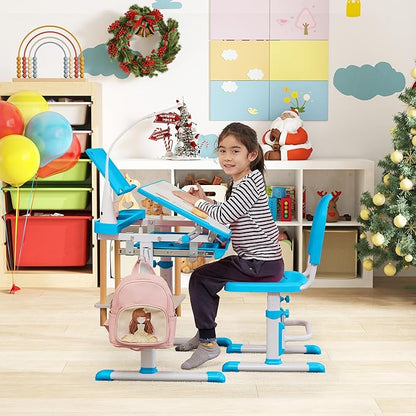 Real Relax Kids Desk and Chair Set, Children's Multifunctional School Tables with Tilt Desktop, LED Light, Metal Hook Blue