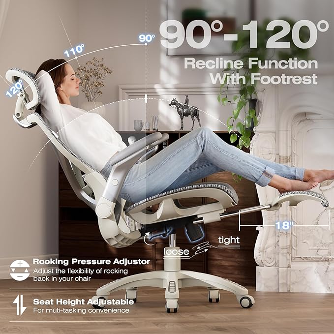ELABEST X100 Ergonomic Office Chair with Footrest, Big and Tall Home Desk Chair with 5D Flip-Up Arms, Adjustable 3D Lumbar Support,High Back Rolling Computer Chair, Swivel Mesh Chairs (Frosted Dawn)
