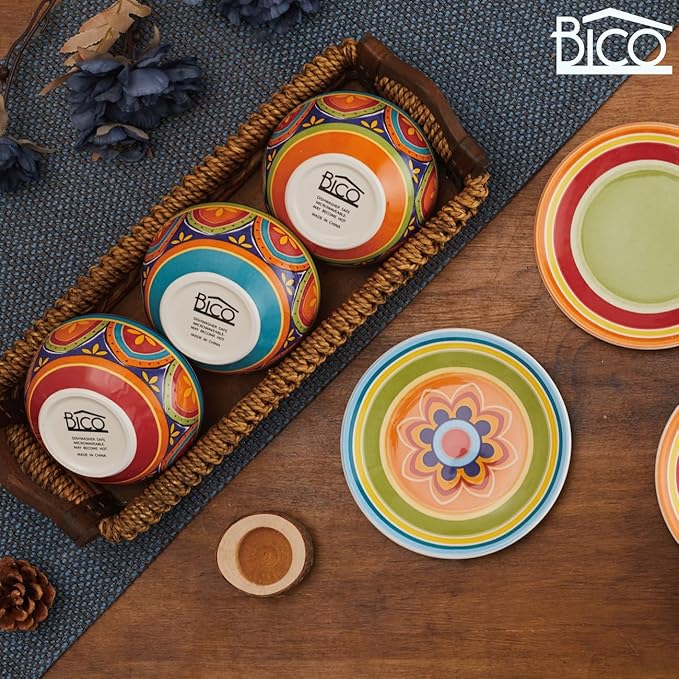 Bico Tunisian Pattern Appetizer Plates Set of 6, 6 Inch Small Ceramic Dessert Plates for Snacks, Salad, Tablescape, Microwave and Dishwasher Safe, Gift for Housewarming and Thanksgiving