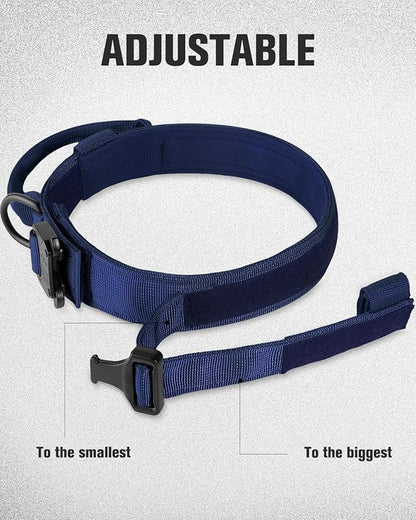 Joytale Tactical Dog Collar with Handle, Adjustable Heavy Duty Military Collar with 2 Patches for Training, Suitable for XLarge Dogs, Navyblue, XL
