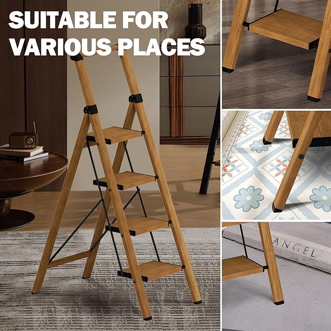 4 Step Ladder,Lightweight Folding Step Stool with Aluminum Wide Pedal& Convenient Handgrip,330lbs Capacity Steel Ladder for Household and Office(Woodgrain)