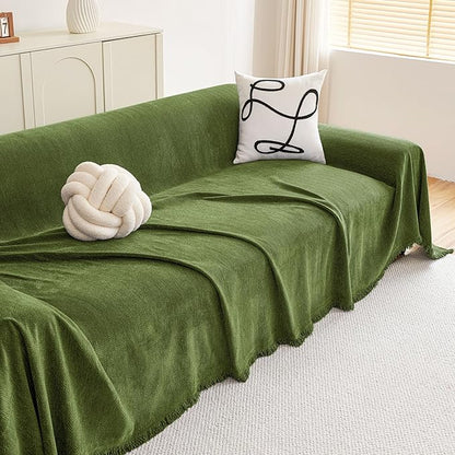 hyha Couch Cover for Dogs, Boho Sofa Covers for 3 Cushion Couch Washable, Chenille Sofa Slipcover for Pets, Soft Loveseat Sectional Couch Throw Blankets with Tassels (Green, 71x150 Inch)