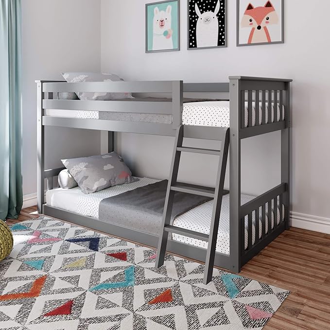 Max & Lily Twin Over Twin Low Bunk Bed with Ladder, Wooden Bunk beds with 14” Safety Guardrail for Kids,Toddlers, Boys, Girls, Teens, Bedroom Furniture, Grey